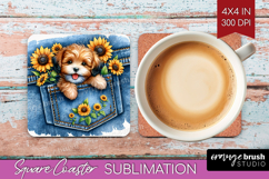 Denim Square Coaster - Dog In Pocket Coaster PNG Sublimation Product Image 1