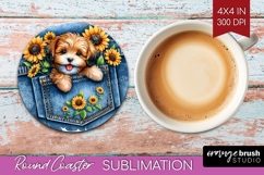 Denim Round Coaster - Dog In Pocket Coaster PNG Sublimation Product Image 1