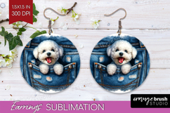 Denim Round Earrings - Dog In Pocket PNG Sublimation Product Image 1