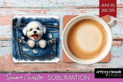 Denim Square Coaster - Dog In Pocket Coaster PNG Sublimation Product Image 1