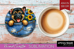 Denim Round Coaster - Dog In Pocket Coaster PNG Sublimation Product Image 1