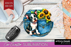 Denim Car Coaster - Dog In Pocket Coaster PNG Sublimation Product Image 1