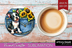Denim Round Coaster - Dog In Pocket Coaster PNG Sublimation Product Image 1