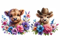 Highland Cow Floral, Spring Flowers Watercolor Clipart Product Image 2