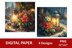 Christmas holiday digital paper, flowers and glowing lantern Product Image 2