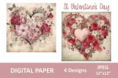 St Valentine's Day Digital Paper, floral heart love decor Product Image 2