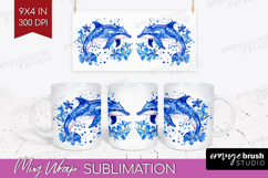 Dolphin Floral Mug Wrap Blue Flowers Mug PNG Sublimation Product Image 1