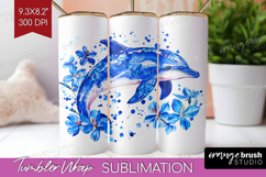 Dolphin Floral Tumbler Wrap Blue Flowers Tumbler PNG Product Image 1