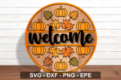 Fall Welcome Sign SVG Round | Pumpkin Leaf Autumn Door Decor Product Image 1