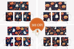 Cartoon Halloween Ghosts Mug Wrap, Fall Pumpkins Mug PNG Product Image 2