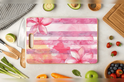 Watercolor Pink Plumeria &amp; Stripes Cutting Boards sublimatio Product Image 2