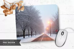 Snowy Street with Glowing Street Lamps Mouse Pad PNG Product Image 1