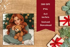 Red Hair Girl Square Coasters, Christmas Teddy Bear Coasters Product Image 2