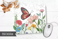 Butterfly and Flowers Coloring Mouse Pad PNG Design Product Image 1