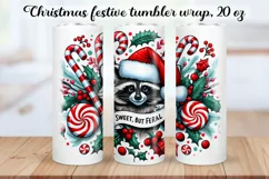 Christmas festive Raccoon Tumbler Wrap|Sublimation PNG. Product Image 1