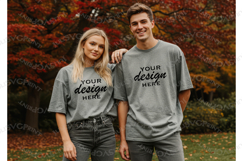 Grey tshirt model mockup, shirt couple autumn Mock up JPG Product Image 1