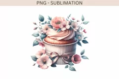 Watercolor Cupcake Sublimation Prints, Floral PNG Design Product Image 1