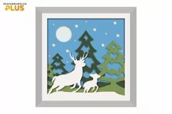 3D Mother and Baby Caribou in Snowy Pine Forest Papercut Product Image 2