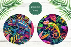 Chameleon Car Coaster PNG, Neon Tropical Leaves Sublimation Product Image 2
