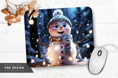 Snowman with Twinkling Fairy Lights and Snowflakes Mouse Pad Product Image 1