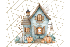 Watercolor Halloween Cottage Clipart, Ghosts &amp; Pumpkins Png Product Image 2