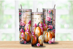 Pink Floral Pumpkin Tumbler Wrap | Halloween Tumbler Product Image 2