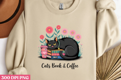 Cats, Book &amp; Coffee PNG, Reading Book Sublimation PNG Product Image 1