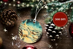 Christmas Village Ornament Print, Winter Round Ornament Product Image 2