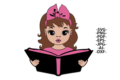 Cute Girl Reading Book SVG PNG PDF Clipart Glitter Pink Bow Product Image 2