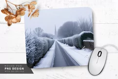 Snowy Cottage with Frosty Trees Mouse Pad PNG Product Image 1