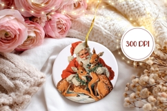 Vintage Santa Claus Ornament, Winter Deer Round Ornament Product Image 2