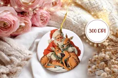 Vintage Santa Claus Ornament, Winter Deer Round Ornament Product Image 2
