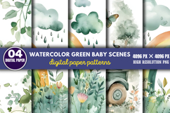Watercolor Green Baby Scenes Paper PNG Product Image 1