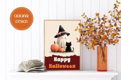 Cartoon Halloween Greeting Card PNG, Halloween Cat Wall Art Product Image 2
