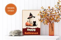 Cartoon Halloween Greeting Card PNG, Halloween Cat Wall Art Product Image 2