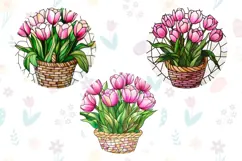 Stained Glass Flowers Round Keychain, Pink Tulips PNG Product Image 2