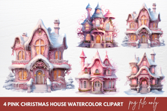 Pink Christmas House Watercolor Clipart Sublimation PNG Product Image 1