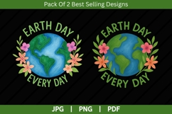 Digital PNG design featuring a hand-painted illustration of planet Earth with green continents and blue oceans, encircled by vibrant pink, orange, and purple flowers with leafy accents. The text &quot;Earth Day&quot; appears above and &quot;Go Planet!