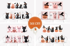 Cartoon Halloween Cats Mug Wrap, Funny Pumpkins Mug Designs Product Image 2