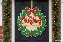 Christmas Door Sign Laser Cut | Xmas Wreath Sign | SVG Product Image 1