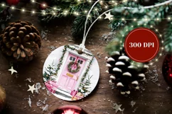 Watercolor Christmas Pink Door Ornament, Winter Sublimation Product Image 2