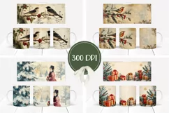Watercolor Christmas Mug Wrap, Winter Birds Mug Design Product Image 2