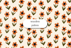 Orange Floral Seamless Pattern, Retro Flower Repeat JPG Product Image 1