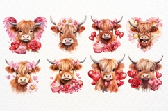 Cute Valentine Highland Cow Clipart PNG with Hearts, Flowers Product Image 2