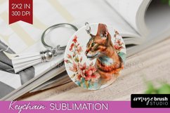 Floral Cat Keychain PNG - Flowers Keychain Sublimation Product Image 1
