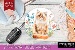 Floral Cat Car Coaster - Flowers Coaster PNG Sublimation Product Image 1