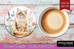 Floral Cat Round Coaster - Flowers Coaster PNG Sublimation Product Image 1