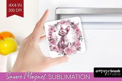 Floral Cat Magnet Sublimation - Flowers Square Magnet PNG Product Image 1