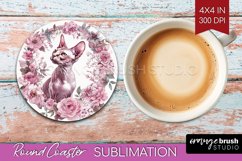 Floral Cat Round Coaster - Flowers Coaster PNG Sublimation Product Image 1