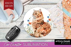 Floral Cat Car Coaster - Flowers Coaster PNG Sublimation Product Image 1